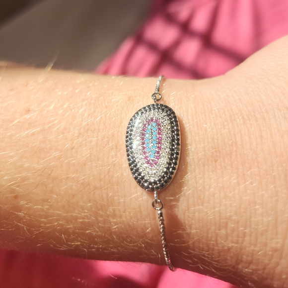 Silver Setting, Pink Blue Black & Crystal Sparkly Gemstones, Pulley Closure - Picture 3 of 5